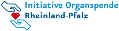 Logo: zwei gezeichnete Hände halten ein Herz. Schriftzug: Initiative Organspende Rheinland-Pfalz.