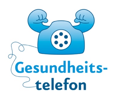 Logo des Gesundheitstelefons - ein Telefon, das die Arme in die Höhe streckt