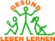 Logo für Gesund leben lernen. Drei Strichmännchenkinder sind umrahmt von den drei Wörtern.