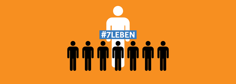 Piktogramm von einem großen Menschen und sieben kleinen Menschen und der Schriftzug: #7Leben. Symbolbild für Organspende.
